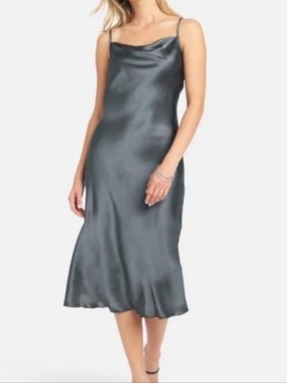 bebe Charcoal Satin Cowl Neck Midi Slip Skirt